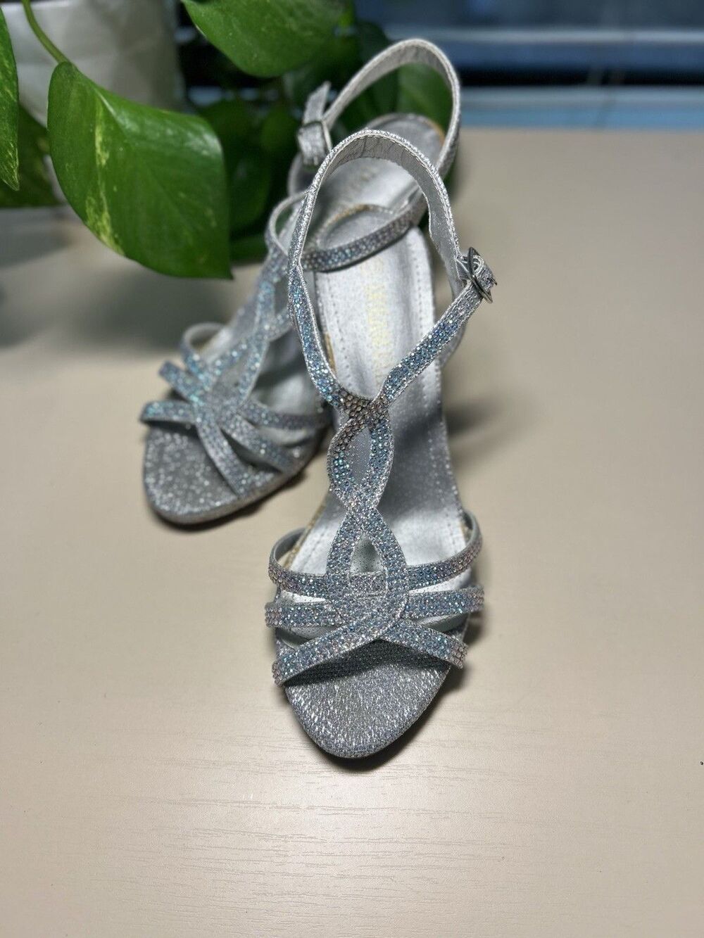 Women’s Strappy Silver 3" Heels With Box and shoe covers Size 5.5